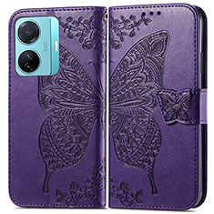 Leather Case Stands Butterfly Flip Cover Holder for Vivo T1 5G Purple