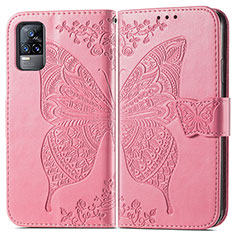 Leather Case Stands Butterfly Flip Cover Holder for Vivo V21e 4G Hot Pink