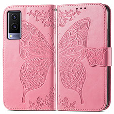 Leather Case Stands Butterfly Flip Cover Holder for Vivo V21e 5G Hot Pink