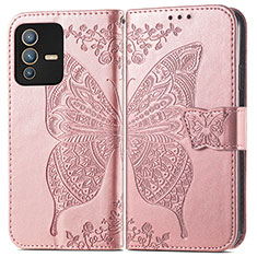 Leather Case Stands Butterfly Flip Cover Holder for Vivo V23 5G Pink