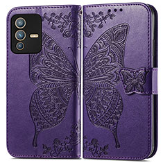 Leather Case Stands Butterfly Flip Cover Holder for Vivo V23 5G Purple