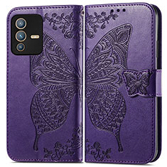 Leather Case Stands Butterfly Flip Cover Holder for Vivo V23 Pro 5G Purple