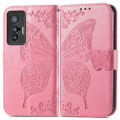 Leather Case Stands Butterfly Flip Cover Holder for Vivo X70t Hot Pink