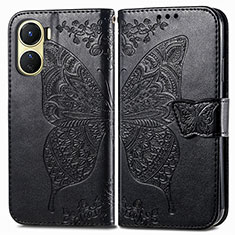 Leather Case Stands Butterfly Flip Cover Holder for Vivo Y02S Black