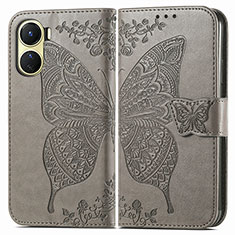 Leather Case Stands Butterfly Flip Cover Holder for Vivo Y02S Gray