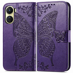 Leather Case Stands Butterfly Flip Cover Holder for Vivo Y02S Purple