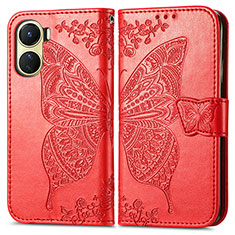 Leather Case Stands Butterfly Flip Cover Holder for Vivo Y02S Red