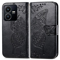 Leather Case Stands Butterfly Flip Cover Holder for Vivo Y22s Black