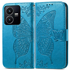 Leather Case Stands Butterfly Flip Cover Holder for Vivo Y22s Blue