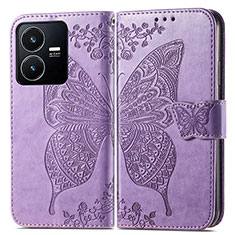 Leather Case Stands Butterfly Flip Cover Holder for Vivo Y22s Clove Purple