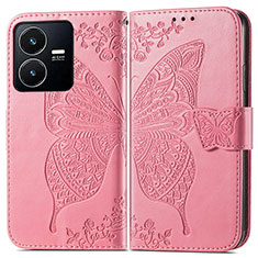 Leather Case Stands Butterfly Flip Cover Holder for Vivo Y22s Hot Pink