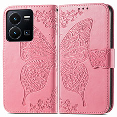 Leather Case Stands Butterfly Flip Cover Holder for Vivo Y35 4G Hot Pink