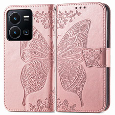Leather Case Stands Butterfly Flip Cover Holder for Vivo Y35 4G Pink