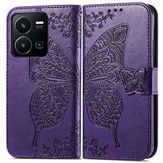 Leather Case Stands Butterfly Flip Cover Holder for Vivo Y35 4G Purple