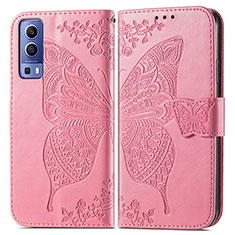 Leather Case Stands Butterfly Flip Cover Holder for Vivo Y52 5G Hot Pink