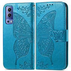 Leather Case Stands Butterfly Flip Cover Holder for Vivo Y72 5G Blue