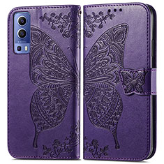 Leather Case Stands Butterfly Flip Cover Holder for Vivo Y72 5G Purple