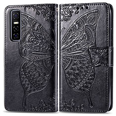 Leather Case Stands Butterfly Flip Cover Holder for Vivo Y73s 5G Black