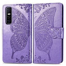 Leather Case Stands Butterfly Flip Cover Holder for Vivo Y73s 5G Clove Purple