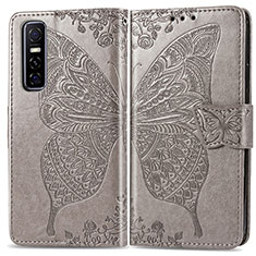 Leather Case Stands Butterfly Flip Cover Holder for Vivo Y73s 5G Gray