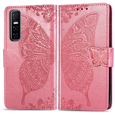 Leather Case Stands Butterfly Flip Cover Holder for Vivo Y73s 5G Hot Pink