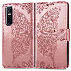 Leather Case Stands Butterfly Flip Cover Holder for Vivo Y73s 5G Pink