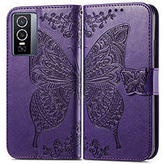 Leather Case Stands Butterfly Flip Cover Holder for Vivo Y76 5G Purple