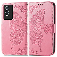 Leather Case Stands Butterfly Flip Cover Holder for Vivo Y76s 5G Hot Pink