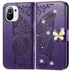 Leather Case Stands Butterfly Flip Cover Holder for Xiaomi Mi 11 Lite 4G Purple