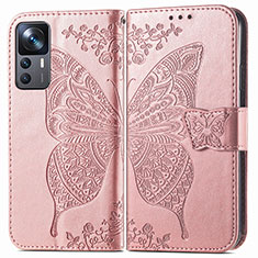 Leather Case Stands Butterfly Flip Cover Holder for Xiaomi Mi 12T 5G Pink