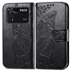 Leather Case Stands Butterfly Flip Cover Holder for Xiaomi Poco M4 Pro 4G Black