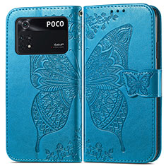 Leather Case Stands Butterfly Flip Cover Holder for Xiaomi Poco M4 Pro 4G Blue