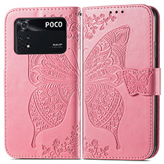 Leather Case Stands Butterfly Flip Cover Holder for Xiaomi Poco M4 Pro 4G Hot Pink