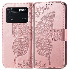 Leather Case Stands Butterfly Flip Cover Holder for Xiaomi Poco M4 Pro 4G Pink