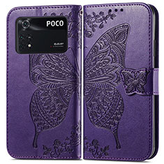 Leather Case Stands Butterfly Flip Cover Holder for Xiaomi Poco M4 Pro 4G Purple