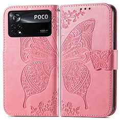 Leather Case Stands Butterfly Flip Cover Holder for Xiaomi Poco X4 Pro 5G Hot Pink