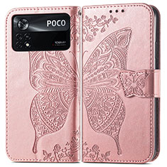 Leather Case Stands Butterfly Flip Cover Holder for Xiaomi Poco X4 Pro 5G Pink