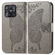 Leather Case Stands Butterfly Flip Cover Holder for Xiaomi Redmi 10 India Gray