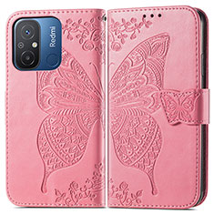 Leather Case Stands Butterfly Flip Cover Holder for Xiaomi Redmi 12C 4G Hot Pink