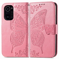 Leather Case Stands Butterfly Flip Cover Holder for Xiaomi Redmi K40 5G Hot Pink