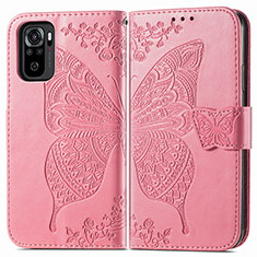 Leather Case Stands Butterfly Flip Cover Holder for Xiaomi Redmi Note 10 4G Hot Pink