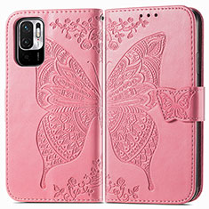 Leather Case Stands Butterfly Flip Cover Holder for Xiaomi Redmi Note 10 JE 5G Hot Pink