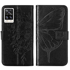 Leather Case Stands Butterfly Flip Cover Holder Y01B for Vivo V21e 4G Black