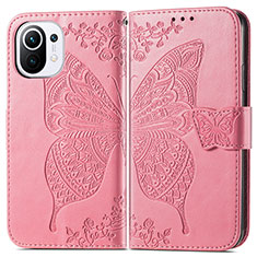 Leather Case Stands Butterfly Flip Cover L02 Holder for Xiaomi Mi 11 Lite 4G Hot Pink