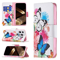 Leather Case Stands Butterfly Flip Cover L03 Holder for Apple iPhone 15 Pro Max Pink