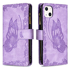 Leather Case Stands Butterfly Flip Cover L08 Holder for Apple iPhone 13 Mini Purple