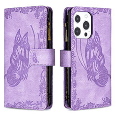 Leather Case Stands Butterfly Flip Cover L08 Holder for Apple iPhone 15 Pro Purple