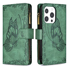 Leather Case Stands Butterfly Flip Cover L08 Holder for Apple iPhone 16 Pro Green