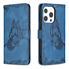 Leather Case Stands Butterfly Flip Cover Z01 Holder for Apple iPhone 15 Pro Blue