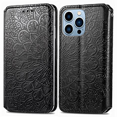 Leather Case Stands Fashionable Pattern Flip Cover H01 Holder for Apple iPhone 13 Pro Black